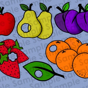 May include: A set of nine fruit stickers with a bite taken out of each one. The stickers include a red apple, two yellow pears, two purple plums, four orange oranges, and a green leaf.