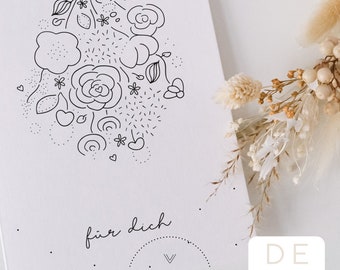 Grußkarte zum Ausdrucken mit floralem Lineart-Motiv und Schriftzug „Für Dich“