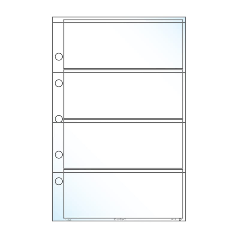 May include: Clear plastic sheet with four horizontal pockets for holding items. The sheet has four holes on the left side for binding.