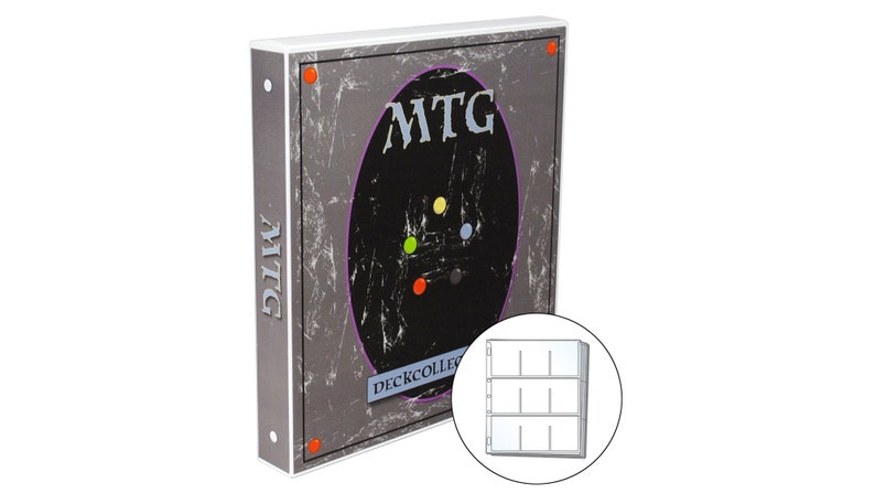 May include: A white binder with a grey and black design featuring the text "MTG" and "DECKCOLLECTOR". The binder has a clear plastic pocket on the front cover with a white insert that has 9 slots for cards.