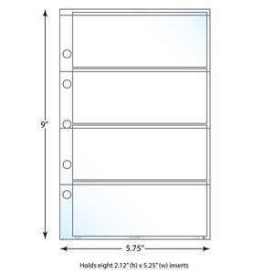 May include: A clear plastic page protector with three pockets for holding inserts. The page protector is 9 inches tall and 5.75 inches wide. It holds eight 2.12 inch by 5.25 inch inserts.
