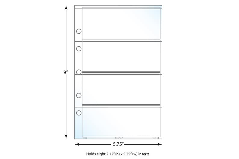 May include: A clear plastic page protector with three pockets for holding inserts. The page protector is 9 inches tall and 5.75 inches wide. It holds eight 2.12 inch by 5.25 inch inserts.