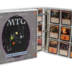 May include: A white binder with a grey cover featuring the text "MTG DECK COLLECTION" and a black circle with colourful dots. The binder is open to reveal clear plastic pages with colourful Magic: The Gathering cards.