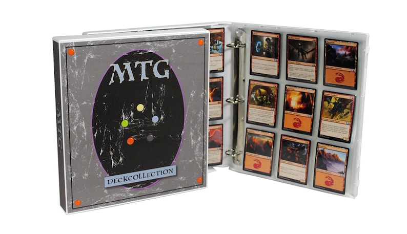 May include: A white binder with a grey cover featuring the text "MTG DECK COLLECTION" and a black circle with colourful dots. The binder is open to reveal clear plastic pages with colourful Magic: The Gathering cards.
