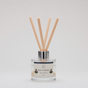 May include: A clear glass reed diffuser with a silver collar and light-coloured reeds. The label reads "PEN-Y-GHENT REED DIFFUSER" with a small illustration. The bottle contains 100ml of liquid. The reeds are a light beige colour.