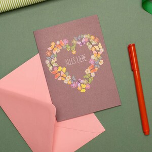 Muttertags Karte, Alles Liebe zum Muttertag wünschen, Karte Blumenherz, bunte Blumen für Muttertag Mama, Muttertag Oma, Geschenk Muttertag