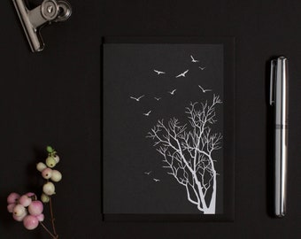 Modern sympathy card without text in black with a bare tree and birds, minimalist condolence card for tasteful sympathy and note of thanks