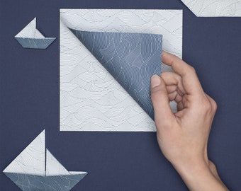 Origami Papier für kreatives Basteln - Doppelseitiges Japanpapier mit blauem Wellenmuster, perfekt für Scrapbooking und maritime Deko