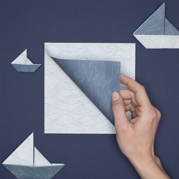 Origami Papier für kreatives Basteln - Doppelseitiges Japanpapier mit blauem Wellenmuster, perfekt für Scrapbooking und maritime Deko