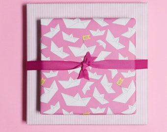 3x two-sided wrapping paper "folding boats" and stripes in pink made from recycled paper - paper boats ideal for children's birthdays, baptisms, births.