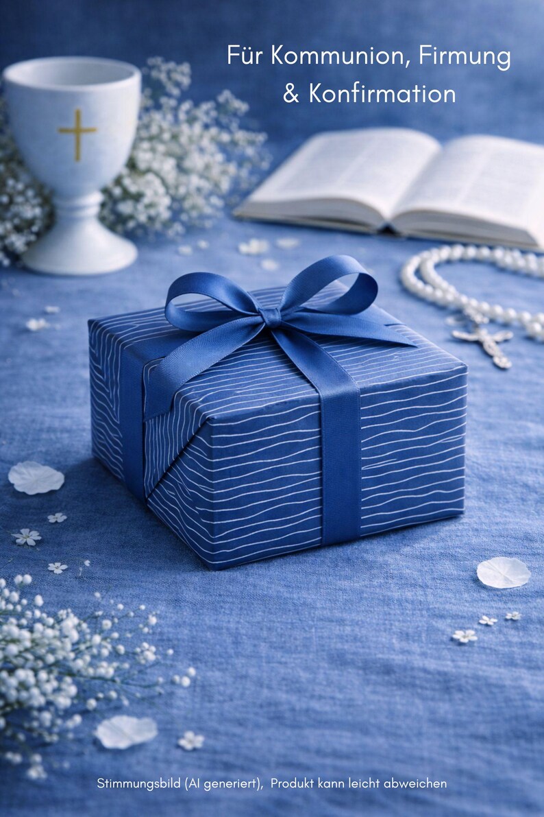 May include: A blue gift box with a white striped pattern and a blue ribbon, set against a blue backdrop. A chalice with a cross, an open book, and a rosary are also visible. The text "F&uuml;r Kommunion, Firmung & Konfirmation" is at the top.