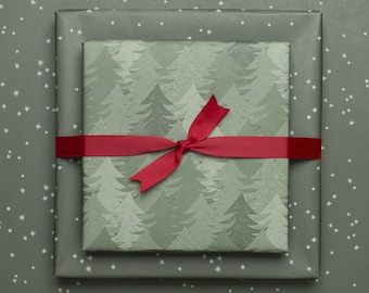 3x papel de regalo de doble cara Árboles de Navidad y estrellas en verde de papel reciclado, paquete de regalo festivo de Navidad para hombres y mujeres