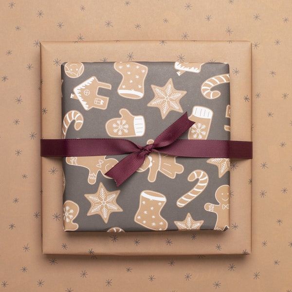 3x Doppelseitiges Geschenkpapier Weihnachten mit Lebkuchen Figuren in Brauntönen aus Recyclingpapier, Geschenkverpackung Kinder & Erwachsene