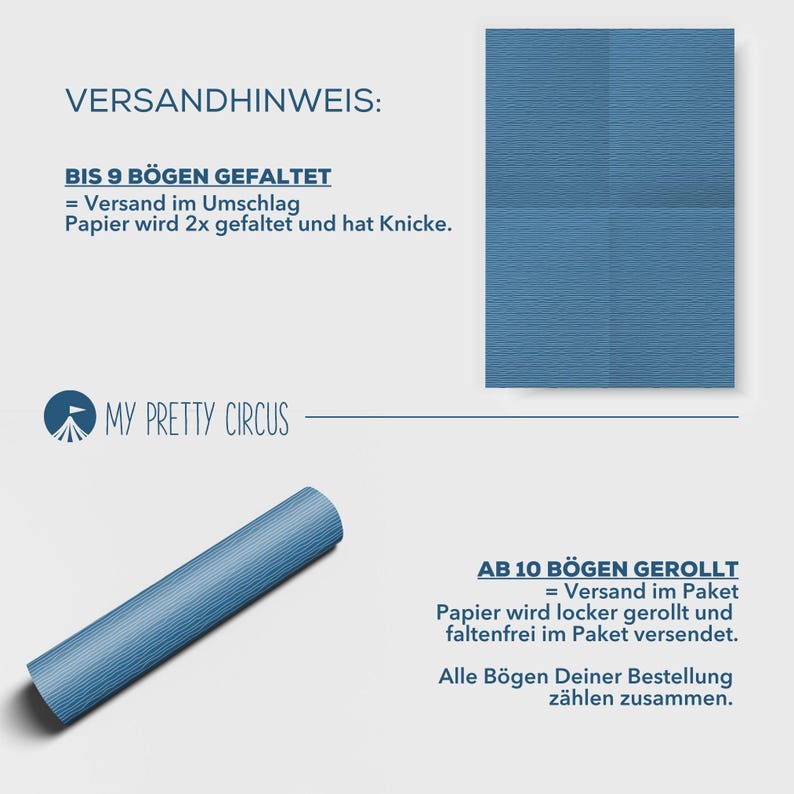 May include: A rolled-up blue paper and a folded blue paper are shown. The text says "MY PRETTY CIRCUS" and shipping information in German. The rolled paper is sent in a package, and the folded paper is sent folded.