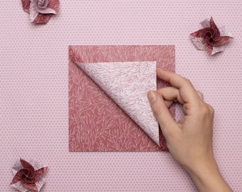 Origami paper "Plants" for crafts - two-sided folding paper in wine red and pink with a delicate floral pattern, 25 sheets, 15 cm, recycled paper