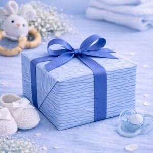 May include: A blue gift box tied with a blue ribbon, baby booties, a pacifier, and a toy bunny on a light blue surface. The gift box is wrapped in blue paper with a wavy pattern. Text in the image reads "F&uuml;r Geburt & Taufe".