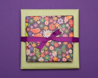 3x Gift wrapping paper flowers purple - Wrap Mother's Day gifts with colorful spring paper with butterflies on a flower meadow,