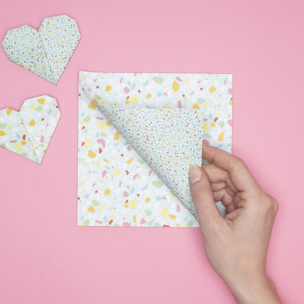 Origami paper for DIY Easter decorations - two-sided craft paper with terrazzo pattern and nonpareils, 25 sheets, 15cm - recycled paper