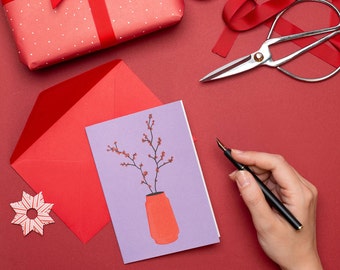 Klassieke kerstkaart met hulsttak - duurzame kerstkaart met rode envelop - moderne kerstkaart zonder tekst