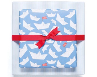 3x papel de regalo de doble cara "barcos plegables" y rayas en azul - ideal para cumpleaños, bautizos, nacimientos o comuniones infantiles