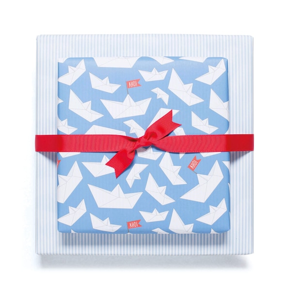 3x zweiseitiges Geschenkpapier "Faltboote" und Streifen in blau - ideal für  Kindergeburtstag, Taufe, Geburt oder Kommunion