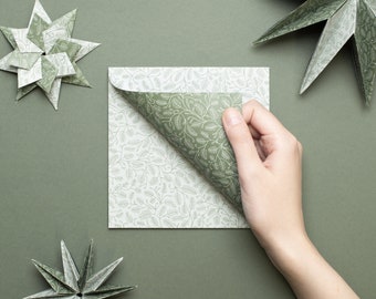 Reversible Origami Paper sheets to craft Christmas decorations - Pattern: Fir Branches in green and mint, 25 sheets, 15cm - recycled paper