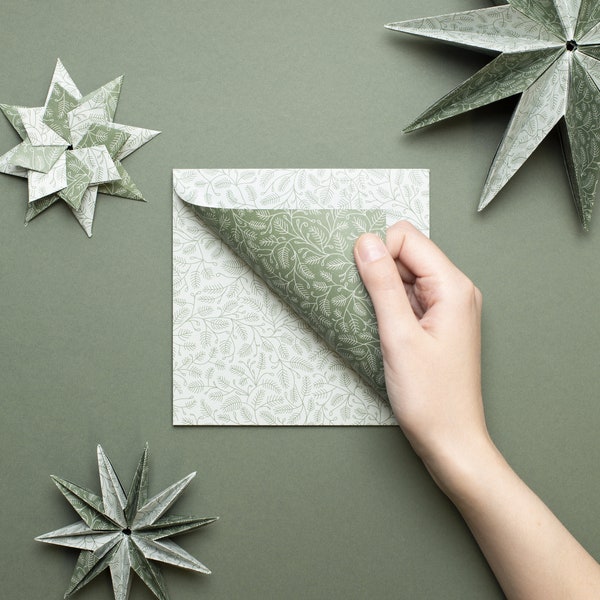 Origami Papier für kreatives Basteln - Zweiseitiges Scrapbooking Papier mit Tannenzweigen in grün und mint, 25 Blatt, 15cm - Recyclingpapier