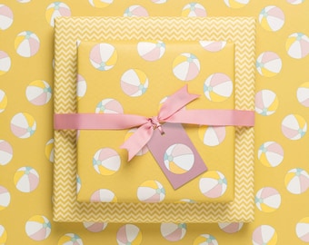 3x double-sided wrapping paper "beach balls" and chevron pattern in yellow made from recycled paper - ideal for summer children's birthday parties