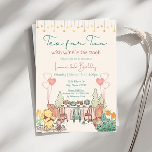 May include: A Winnie the Pooh themed birthday party invitation with a watercolor illustration of Winnie the Pooh and Piglet having tea. The invitation is for a 2nd birthday party and includes the text "Tea for Two with Winnie the Pooh", "Lauren's 2nd Birthday", "Saturday March 15th | 4:00pm", "1234 Place Dr City, State 12345", "Please RSVP to: Lauren (123)456-7890 by February 22nd".