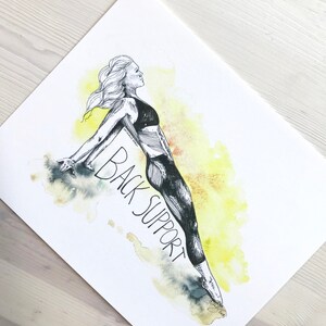 May include: A black and white illustration of a person doing a yoga pose with the text "BACK SUPPORT" in black lettering. The background is a watercolor wash of yellow and orange.