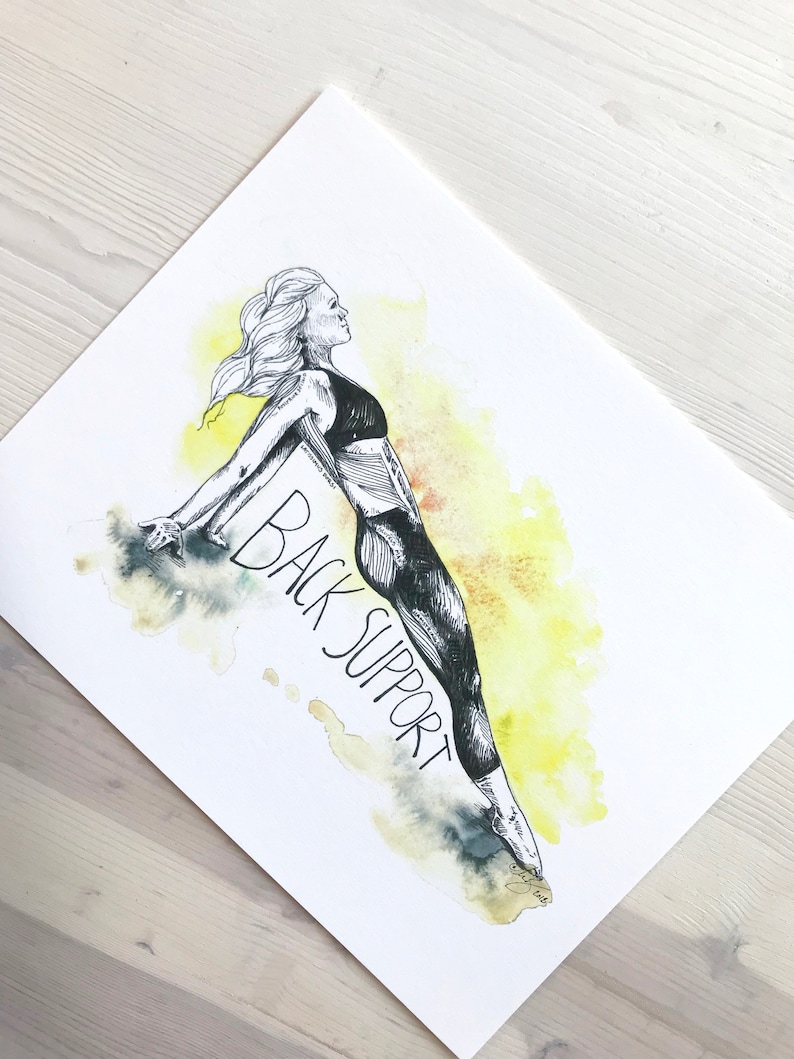 May include: A black and white illustration of a person doing a yoga pose with the text "BACK SUPPORT" in black lettering. The background is a watercolor wash of yellow and orange.