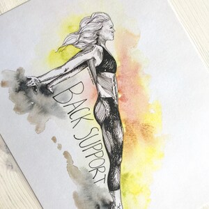 May include: A black and white illustration of a person doing a yoga pose with the text "BACK SUPPORT" written in black. The background is a watercolor wash of yellow, orange, and brown.