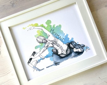Pilates Reformer Mermaid Exercise Art Print, Pilates Studio Decor