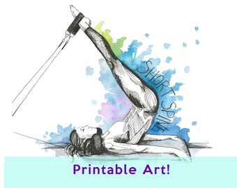 May include: A black and white line drawing of a person doing a pilates exercise with a reformer machine. The person is wearing black leggings and a black sports bra. The background is a watercolor wash of blue, green, and purple. The text "SHORT SPINE" is written in black on the blue watercolor. The text "Printable Art!" is written in purple on a light blue background.