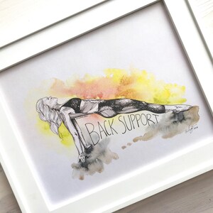 May include: A watercolor painting of a person doing a back support exercise. The person is in a plank position with their body in a straight line. The background is a yellow and orange watercolor wash. The text "BACK SUPPORT" is written in black ink below the person.