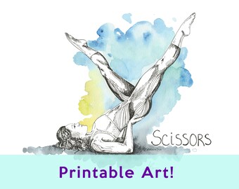 May include: A black and white line drawing of a person doing a pilates exercise called "Scissors" on a watercolor background of blue, yellow, and green.