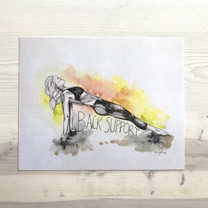 May include: A black and white illustration of a person doing a yoga pose called "Back Support". The person is in a side plank position with their body in a straight line. The background is a watercolor wash of yellow, orange, and red.