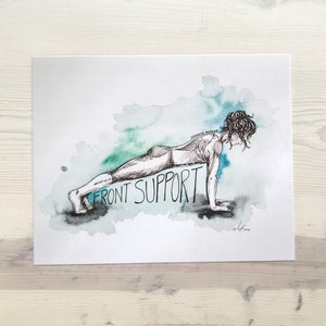 May include: A black and white illustration of a person doing a front support yoga pose. The illustration is on a white background with a watercolor wash of green and blue.