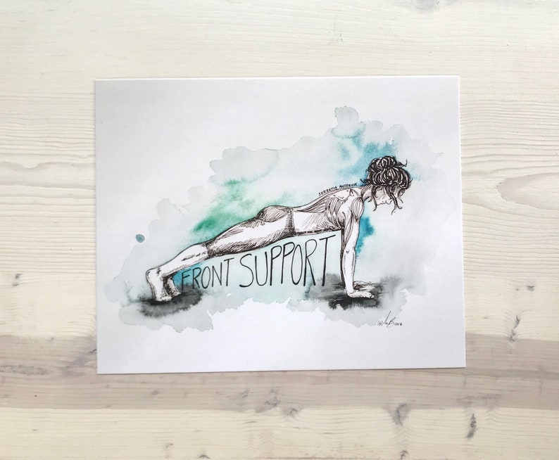 May include: A black and white illustration of a person doing a front support yoga pose. The illustration is on a white background with a watercolor wash of green and blue.