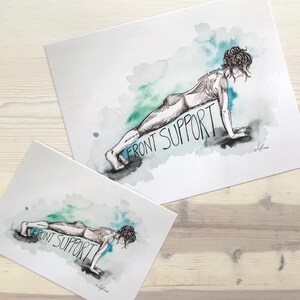 May include: Two watercolor illustrations of a person doing a front support exercise. The illustrations are on white paper with a light blue and green watercolor background. The text "Front Support" is written in black ink below the person in each illustration.