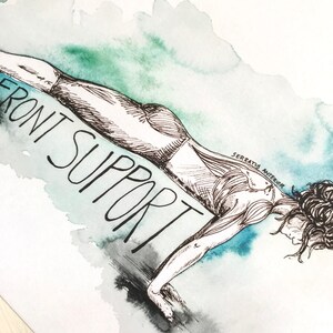 May include: A black and white line drawing of a person in a front support pose, with the text "FRONT SUPPORT" written in large letters. The drawing is on a white background with a light blue and green watercolor wash.