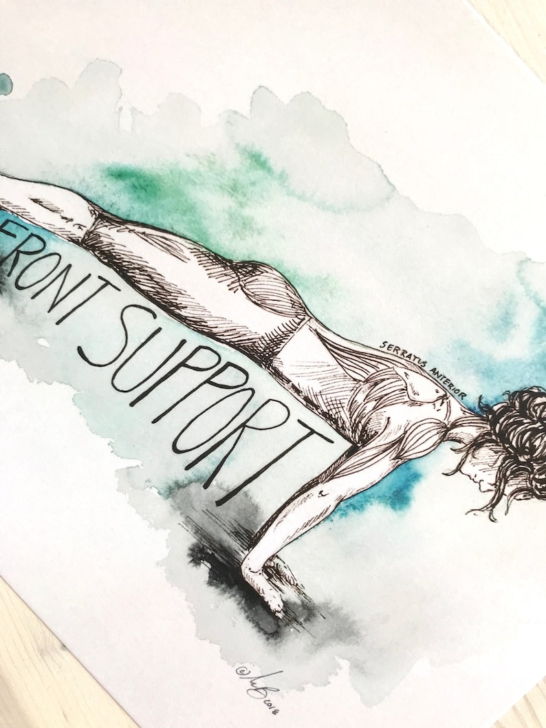 May include: A black and white line drawing of a person in a front support pose, with the text "FRONT SUPPORT" written in large letters. The drawing is on a white background with a light blue and green watercolor wash.