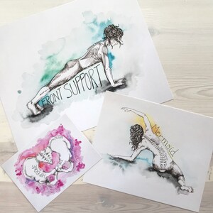 May include: Three watercolor illustrations on paper. The first shows a woman in a front support yoga pose with the text "Front Support". The second shows a woman in a mermaid pose with the text "Mermaid". The third shows a detailed illustration of a human hip bone.