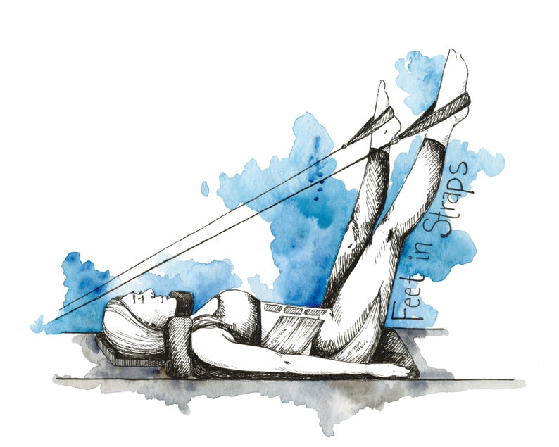 May include: A black and white illustration of a person lying on their back with their legs raised and secured in straps. The straps are attached to a bar above the person. The background is a blue watercolour wash.