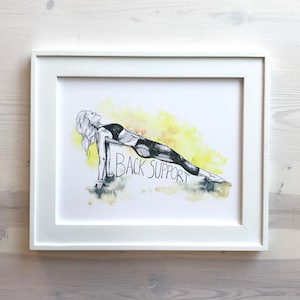 May include: A black and white illustration of a person doing a plank pose with the text "Back Support" in black lettering. The background is a watercolor wash of yellow and orange.
