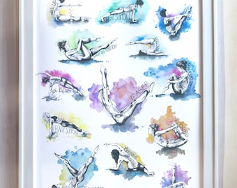 Pilates Exercises Vertical Print, Pilates Wall Art, Pilates Studio Decor, Mat Pilates Exercises, Mat Pilates Art, Fitness Art Print