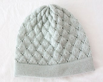 mint green knitted hat made of fine wool with pattern/ beanie