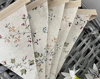 Linen Blend Fabric Bunting, Delicate Floral, Mini bunting, 9 Flags Double sided, Mantlepiece, Fireplace, Dresser Decor