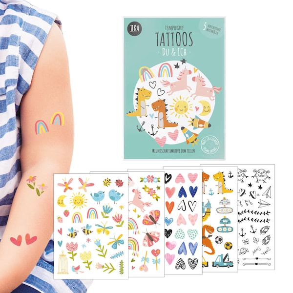 Süßes Kindertattoo-Set Motiv: Du & Ich, Vegan, 5 Bögen Tattoos für Kinder, Mitgebsel Kindergeburtstag, Kleinigkeit für Kinder, Mal Mich Bunt