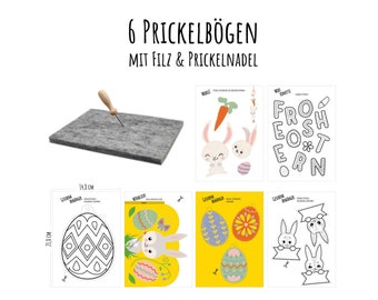 Prickeln für Kinder, Prickelset Ostern, Prickelmotive zum Basteln, Osterdekoration basteln, 6 Prickelvorlagen inkl. Filz und Nadel, JEKA